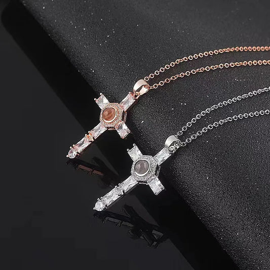 Bronze Cross Photo Projection Necklace – Unisex Copper Pendant with Hidden Image