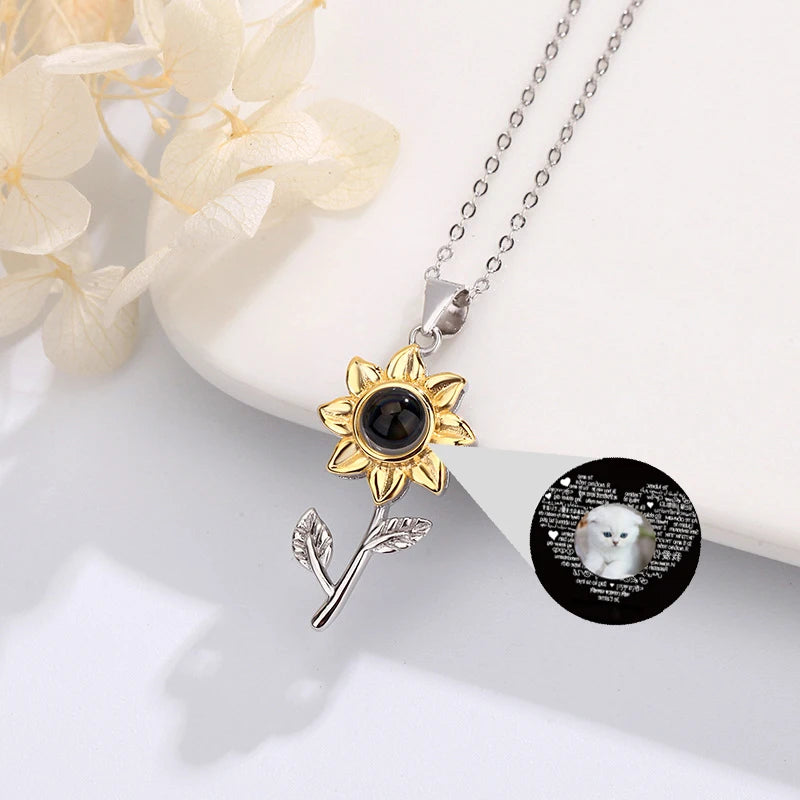 925 Silver Sunflower Photo Projection Necklace Custom