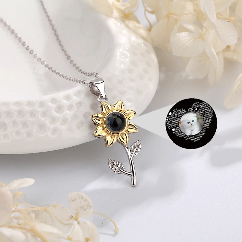 925 Silver Sunflower Photo Projection Necklace Custom