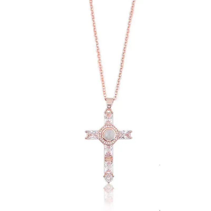 Bronze Cross Photo Projection Necklace – Unisex Copper Pendant with Hidden Image